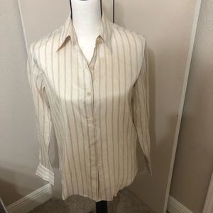 Anne Klein Linen/Silk Pinstriped Button Down Shirt. Preowned Sz 4 Petite Ivory